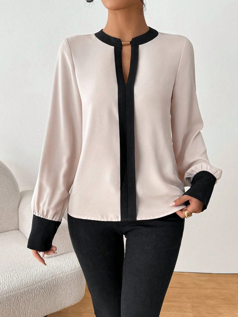 Women Metal Ring Contrast Color Long Sleeve Loose Casual Shirt