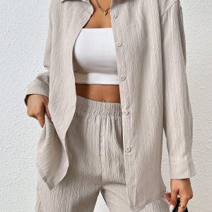 2pcs Women Spring & Autumn Casual Solid Color Long Sleeve Shirt And Pants Set