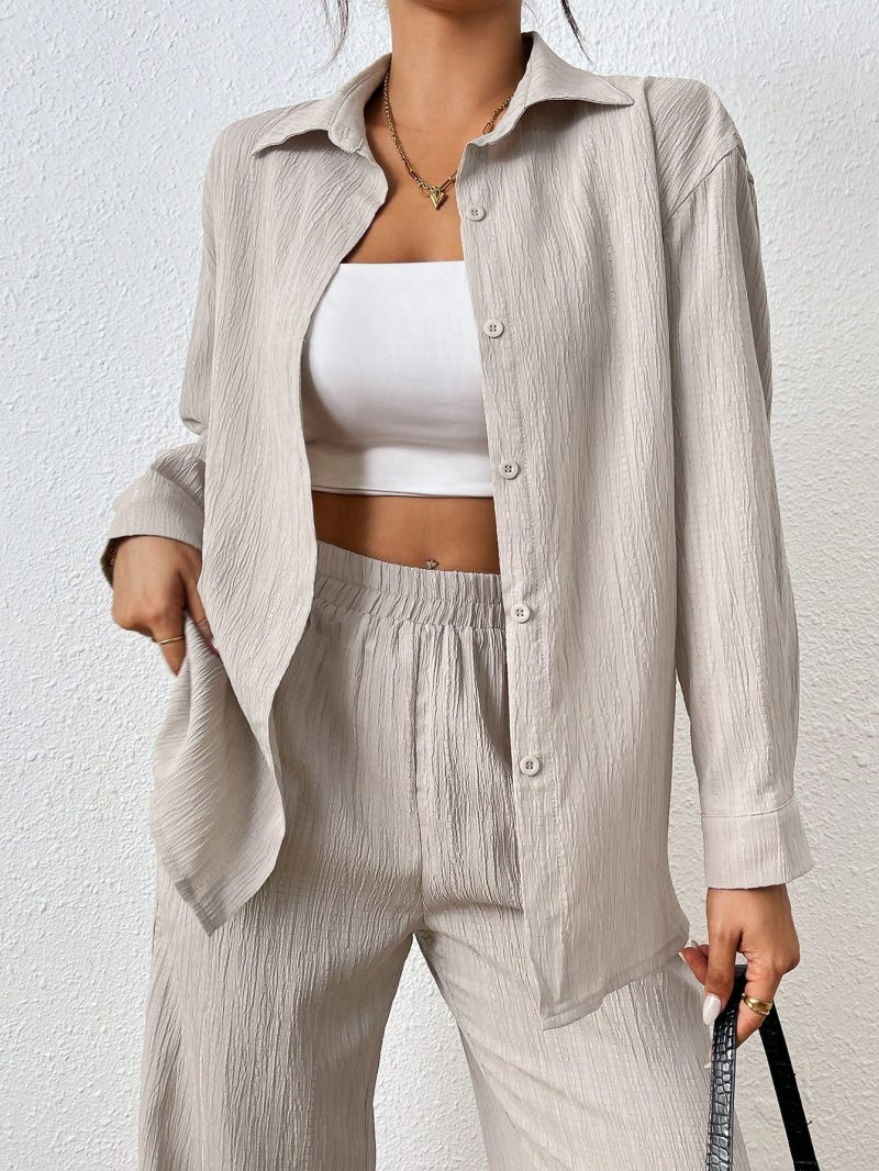 2pcs Women Spring & Autumn Casual Solid Color Long Sleeve Shirt And Pants Set