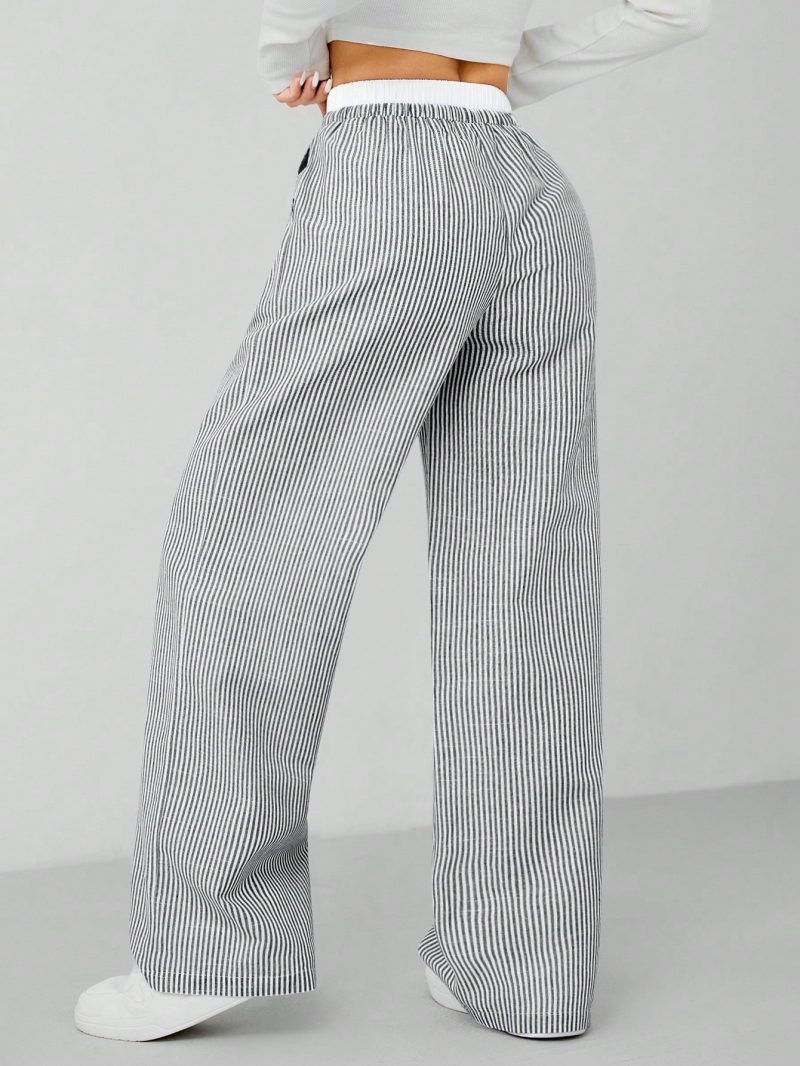 Autumn Blue Striped Contrast Waist Woven Women's Trousers