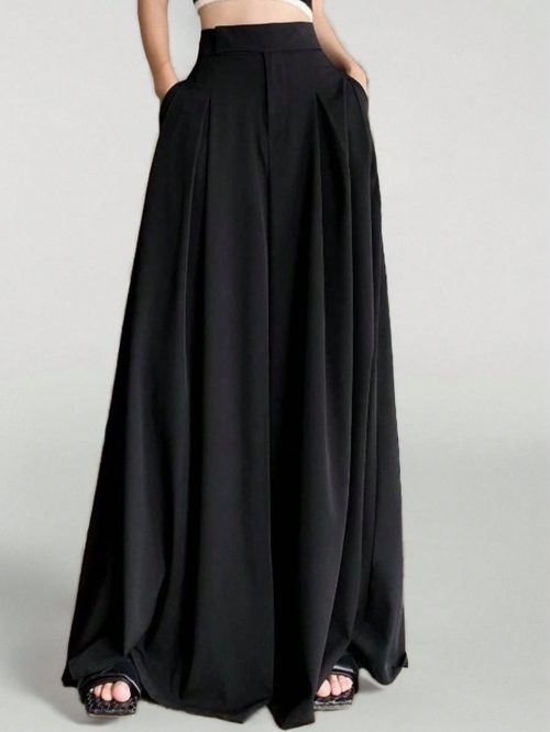 Solid Fold Pleated Wide Leg Pants
