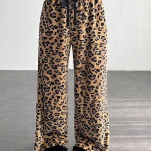 Women's Tie-Waist Fluffy Leopard Print Casual Wide Leg Baggy Pants