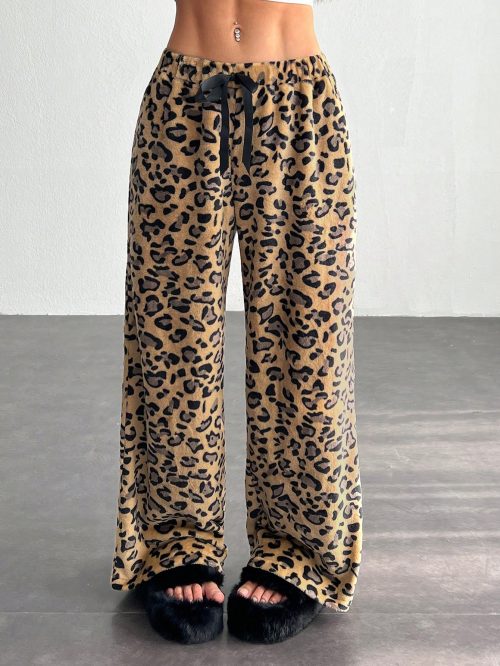 Women's Tie-Waist Fluffy Leopard Print Casual Wide Leg Baggy Pants