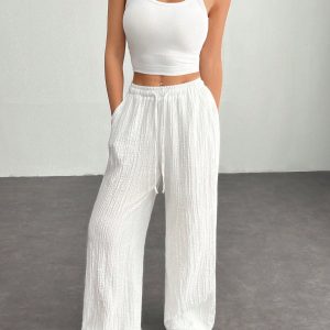 Women's Solid Color Front Tie Pleated Casual Pants, Simple And Versatile