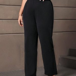 Plus Size Solid Color Elastic Waist Pocket Casual Straight Leg Pants
