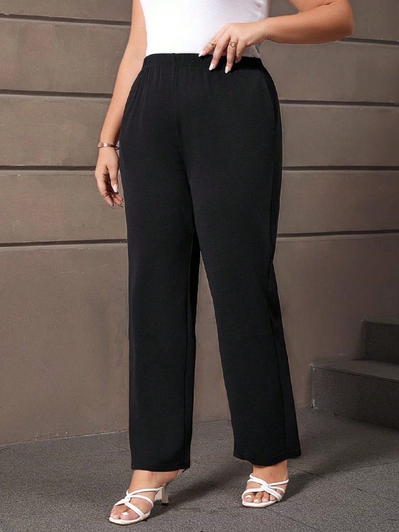 Plus Size Solid Color Elastic Waist Pocket Casual Straight Leg Pants