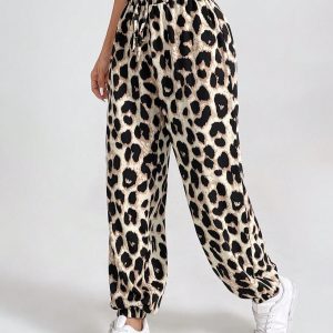 Women's Vintage Leopard Print Elastic Waistband Pants With Ruffled Cuffs For Summer Casual, Holiday