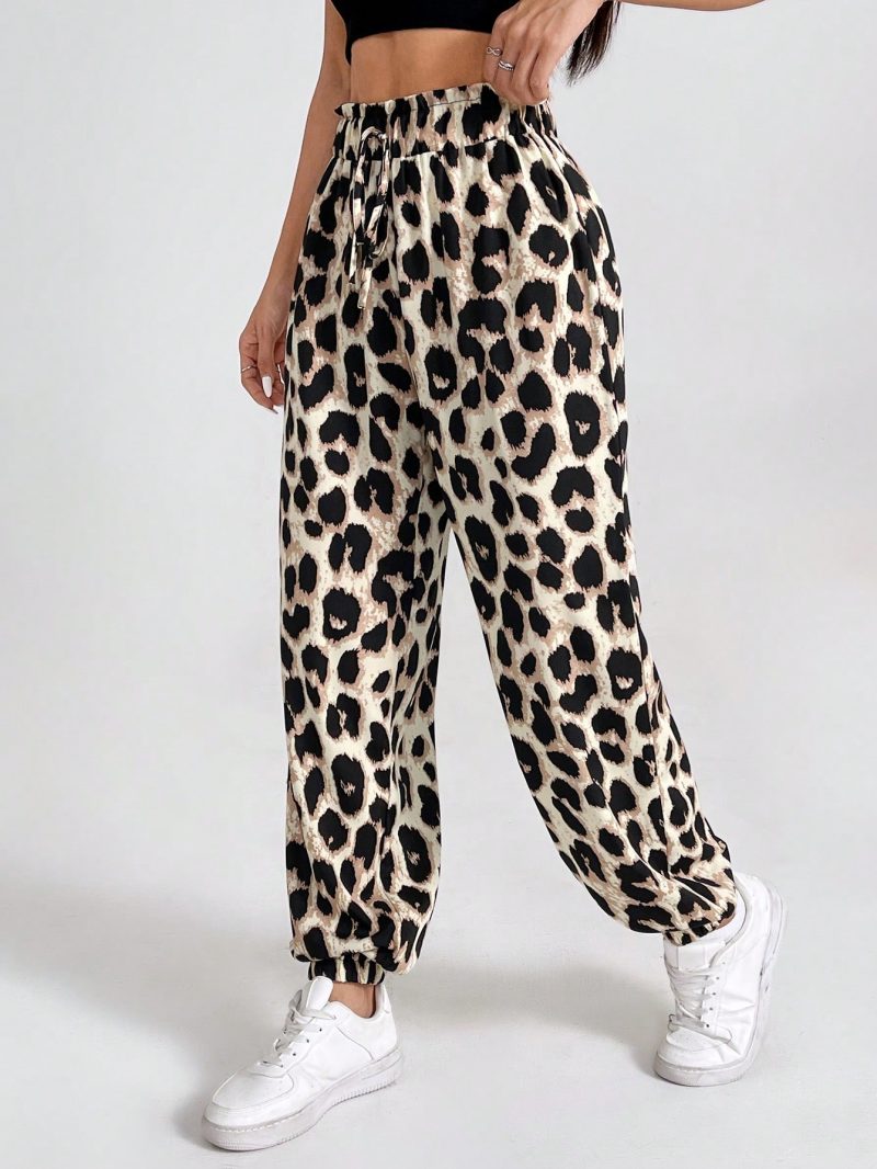 Women's Vintage Leopard Print Elastic Waistband Pants With Ruffled Cuffs For Summer Casual, Holiday