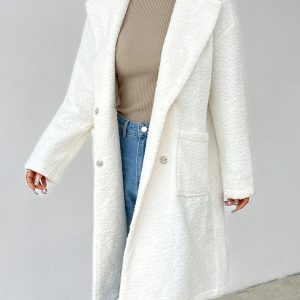 Women's Regular Fit Long Sleeve Lapel Neck Drop Shoulder Double Pocket Overcoat