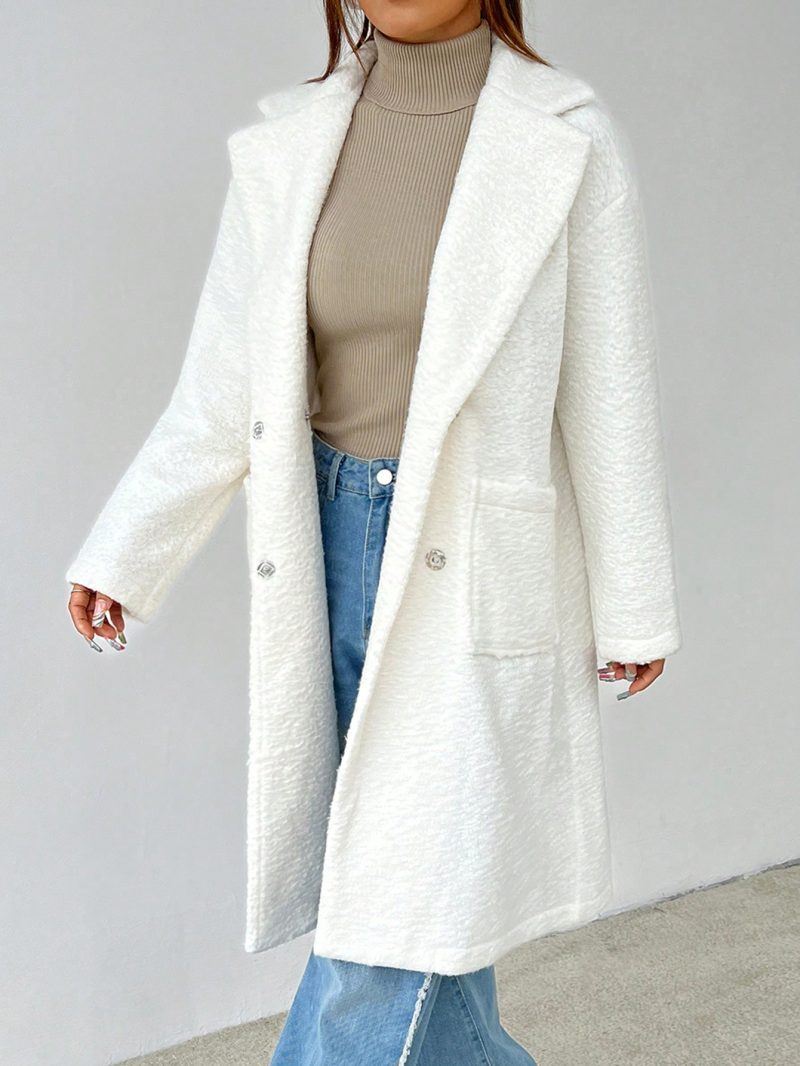 Women's Regular Fit Long Sleeve Lapel Neck Drop Shoulder Double Pocket Overcoat