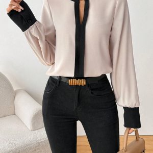 Women Metal Ring Contrast Color Long Sleeve Loose Casual Shirt