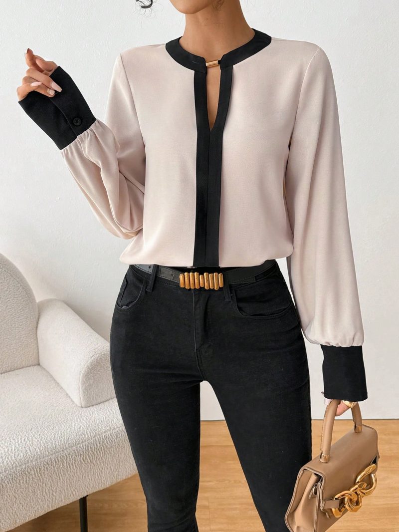 Women Metal Ring Contrast Color Long Sleeve Loose Casual Shirt