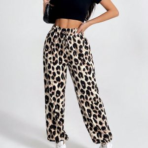 Women's Vintage Leopard Print Elastic Waistband Pants With Ruffled Cuffs For Summer Casual, Holiday