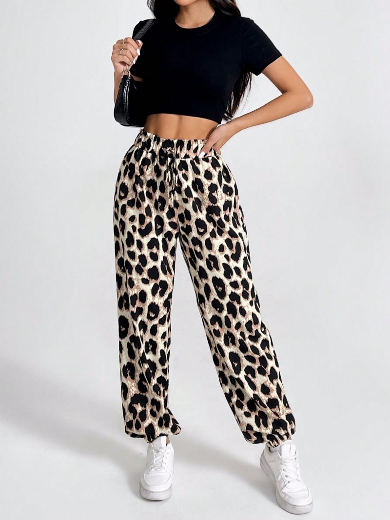 Women's Vintage Leopard Print Elastic Waistband Pants With Ruffled Cuffs For Summer Casual, Holiday