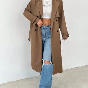 Brown Woven Women's Windbreaker Jacket Suitable For Autumn And Winter