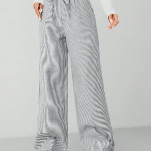 Autumn Blue Striped Contrast Waist Woven Women's Trousers