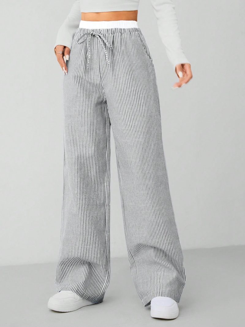Autumn Blue Striped Contrast Waist Woven Women's Trousers