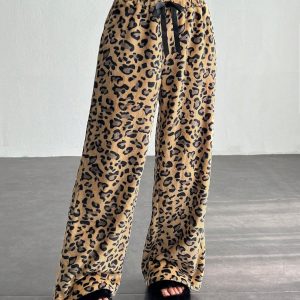 Women's Tie-Waist Fluffy Leopard Print Casual Wide Leg Baggy Pants