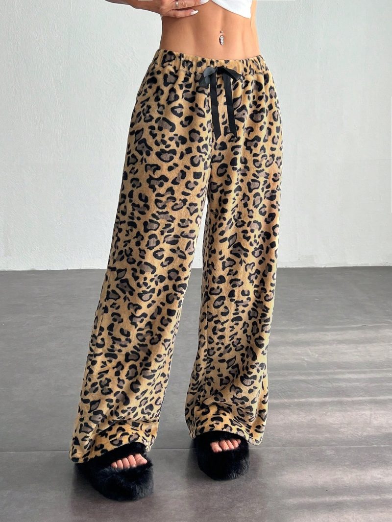 Women's Tie-Waist Fluffy Leopard Print Casual Wide Leg Baggy Pants