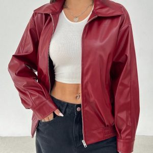 Drop Shoulder Zip Up Black PU Jacket