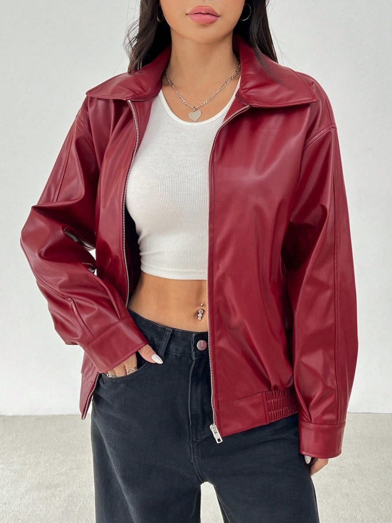 Drop Shoulder Zip Up Black PU Jacket