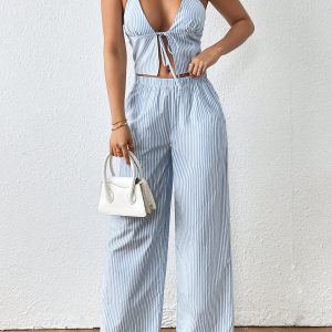 2pcs Women's Summer Striped Halter Neck Backless Cami And Wide Leg Pocket Pants Casual Set