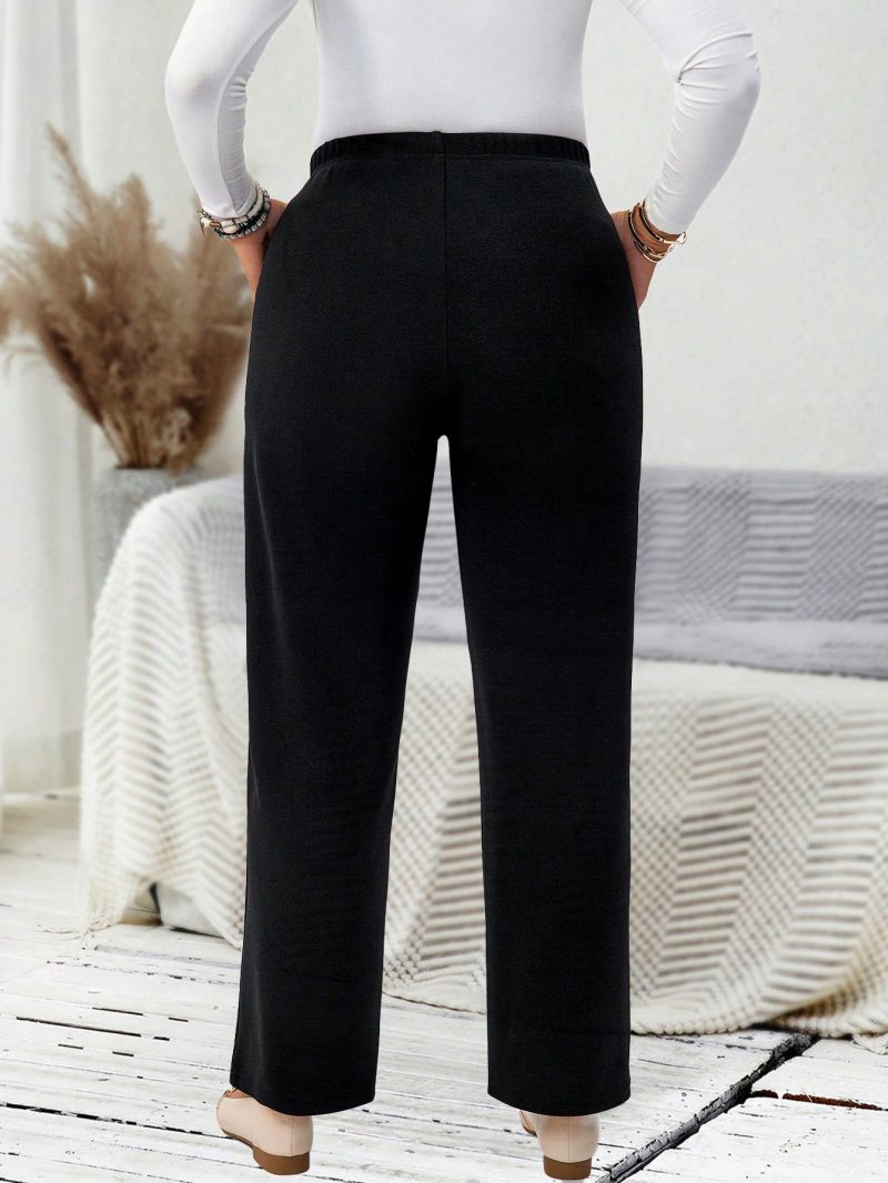 Plus Size Solid Color Elastic Waist Pocket Casual Straight Leg Pants