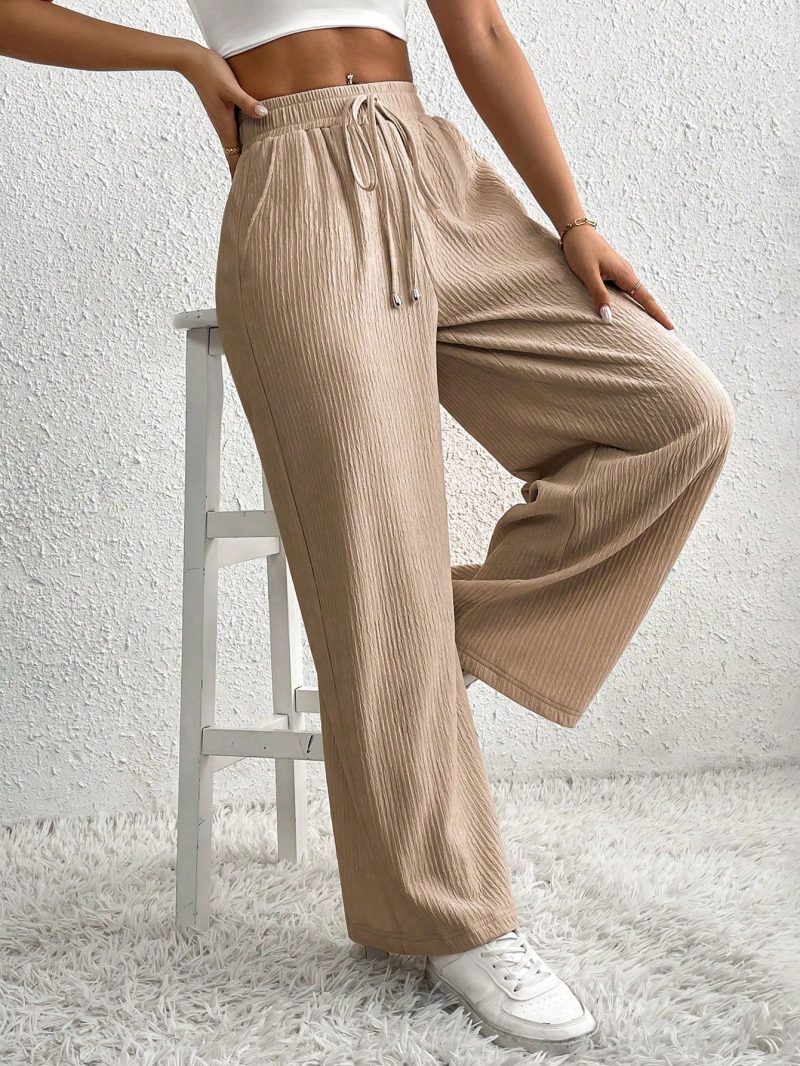 Women's Solid Color Tie Waist Casual Pleated Straight Leg Pants