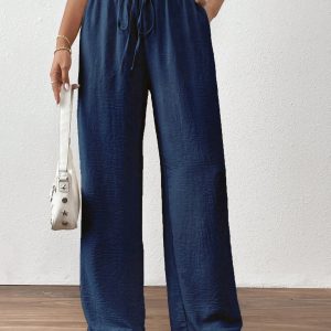 Women's Solid Color Tie Front Pocket Simple Style Long Pants, Casual Everyday Wear