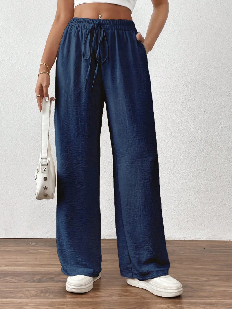Women's Solid Color Tie Front Pocket Simple Style Long Pants, Casual Everyday Wear