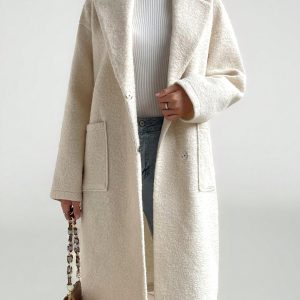 Women's Regular Fit Long Sleeve Lapel Neck Drop Shoulder Double Pocket Overcoat