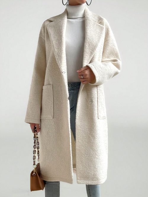 Women's Regular Fit Long Sleeve Lapel Neck Drop Shoulder Double Pocket Overcoat