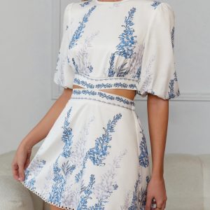 Plants Print Cut Out Waist Tie Back Puff Sleeve Dress