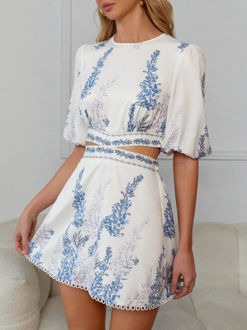 Plants Print Cut Out Waist Tie Back Puff Sleeve Dress