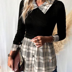 Retro American Casual Commuter Color Block Plaid Shirt Collar Blouse