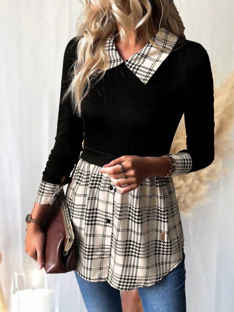 Retro American Casual Commuter Color Block Plaid Shirt Collar Blouse