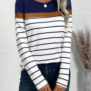 Women Crew Neck Contrast Striped Print Casual Long Sleeve T-Shirt