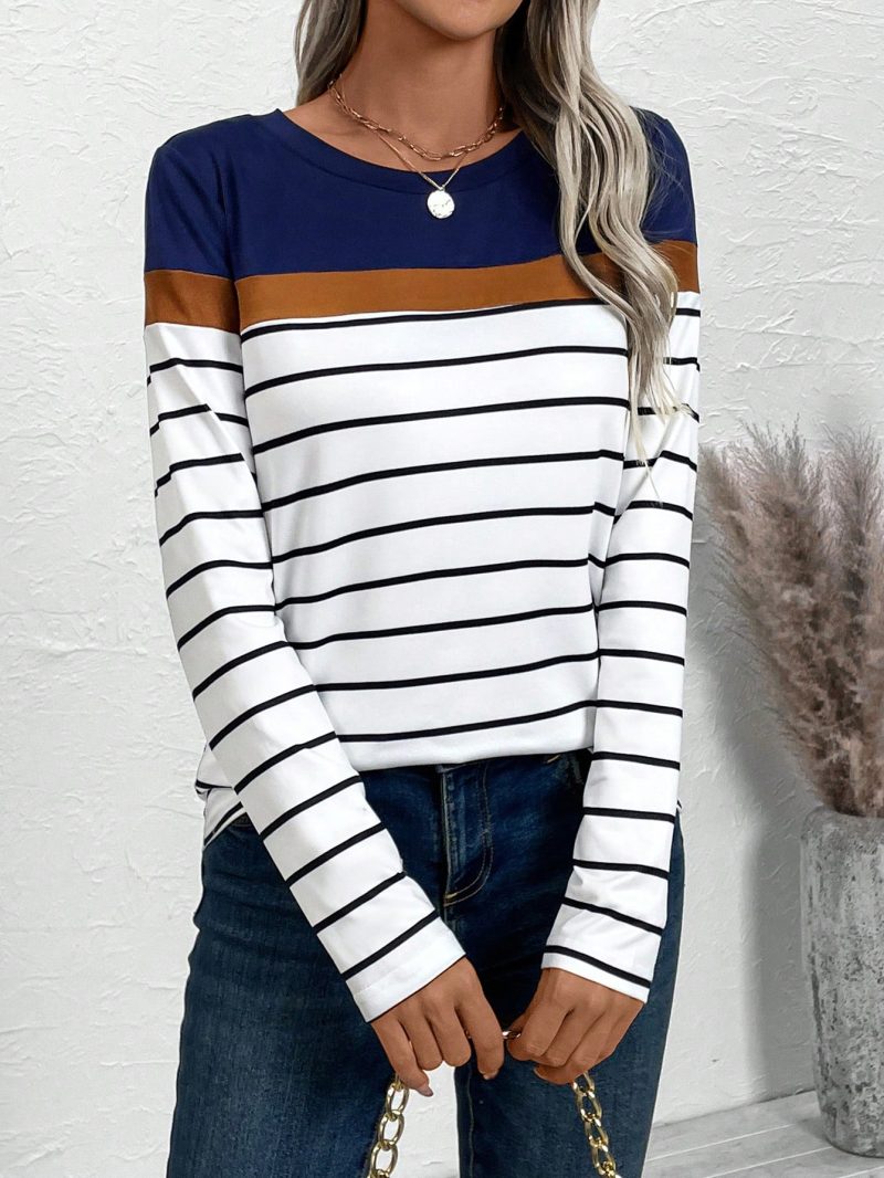 Women Crew Neck Contrast Striped Print Casual Long Sleeve T-Shirt
