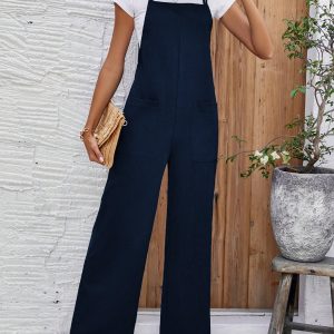 Women's Solid Color Sleeveless Overalls With Double Shoulder Straps