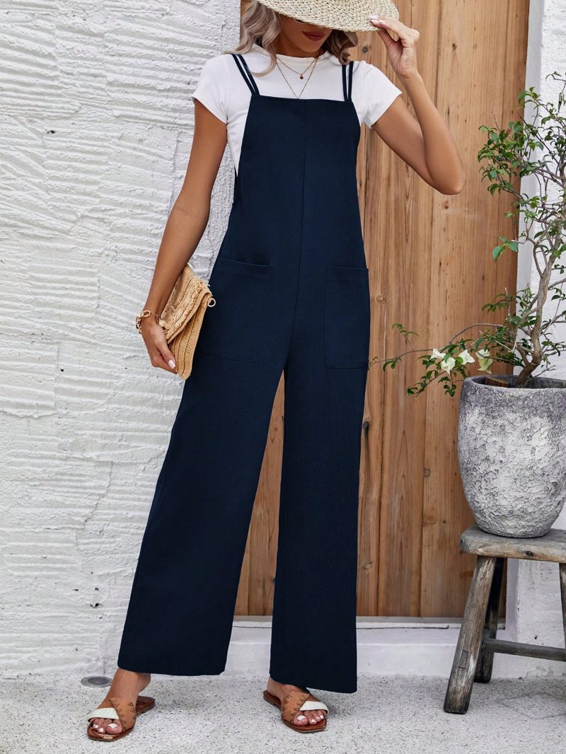 Women's Solid Color Sleeveless Overalls With Double Shoulder Straps