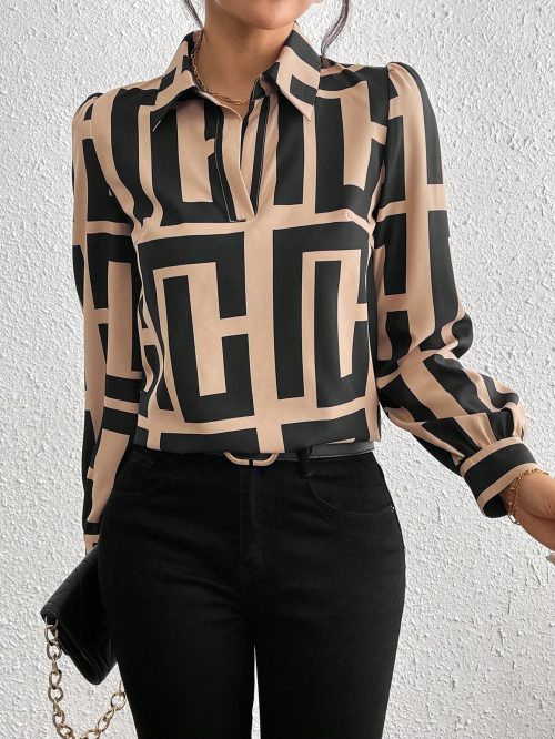 Long Sleeve Allover Print Casual Shirt With Shirt Collar