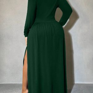 Plus Size Women's Plunging Deep-V Neck High Split Shoulder Pad Swing Dress