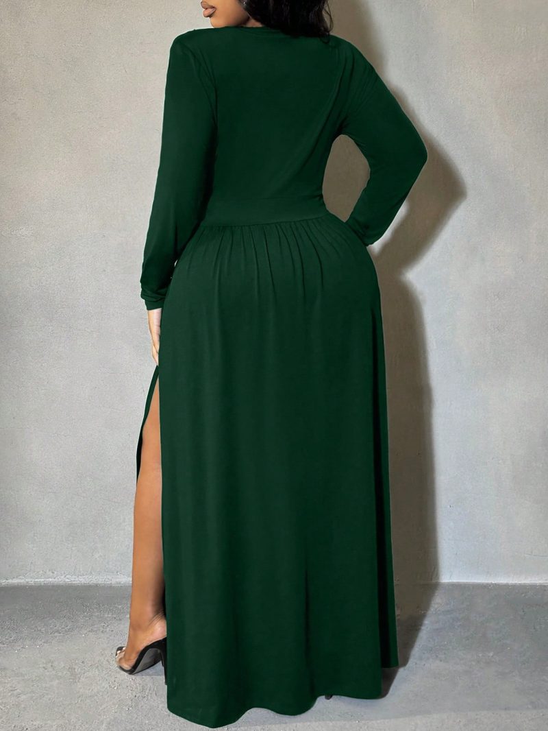 Plus Size Women's Plunging Deep-V Neck High Split Shoulder Pad Swing Dress