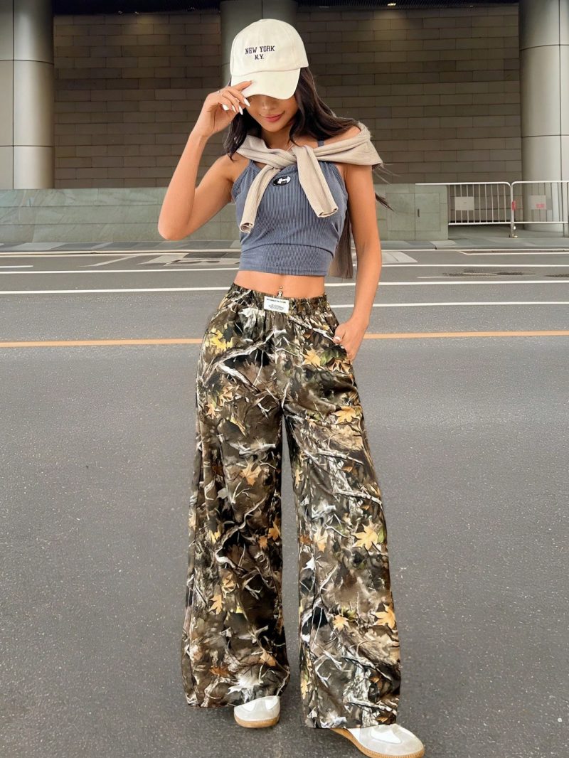 Fashionable Street Trend Camouflage Printed Low Waist Woven Women's Wide Leg Trousers