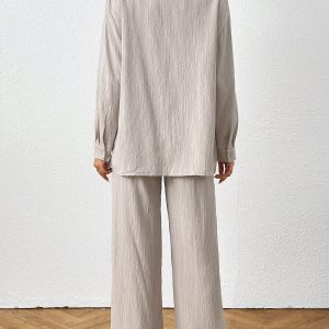 2pcs Women Spring & Autumn Casual Solid Color Long Sleeve Shirt And Pants Set