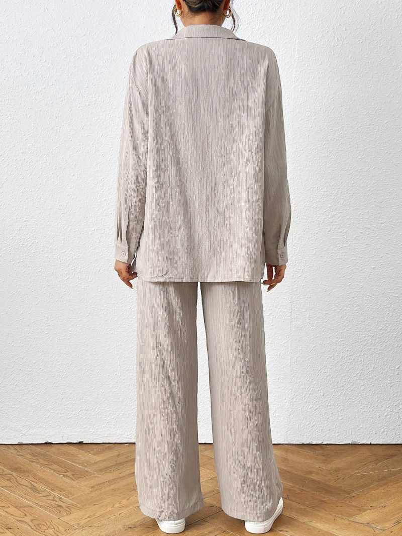 2pcs Women Spring & Autumn Casual Solid Color Long Sleeve Shirt And Pants Set