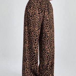 Women Elastic Waist Wide-Leg Leopard Print Loose Pants