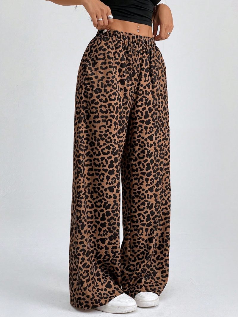 Women Elastic Waist Wide-Leg Leopard Print Loose Pants