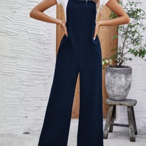 Women's Solid Color Sleeveless Overalls With Double Shoulder Straps