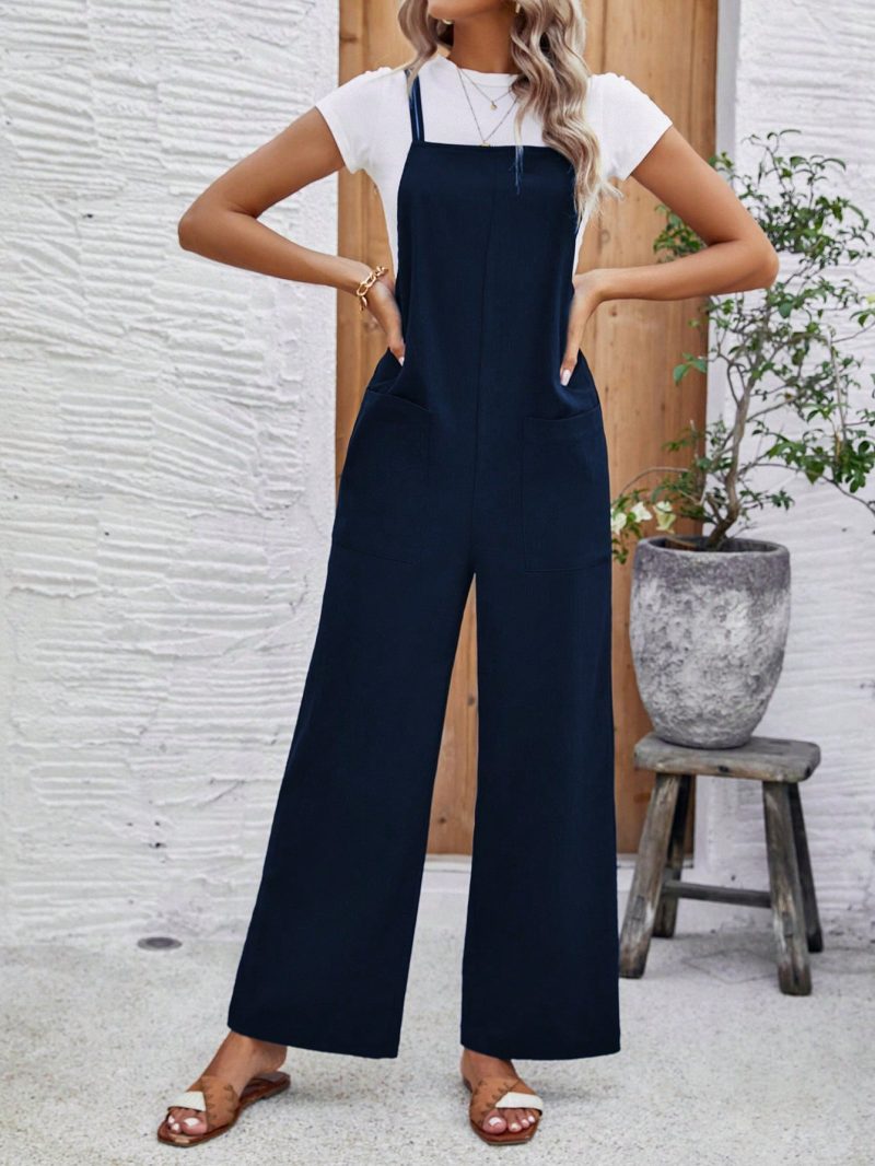 Women's Solid Color Sleeveless Overalls With Double Shoulder Straps